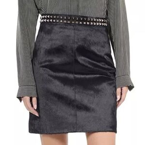 🖤NWT The Kooples Studded Black Calf Hair Mini Skirt | Leather Trim Retail $545!